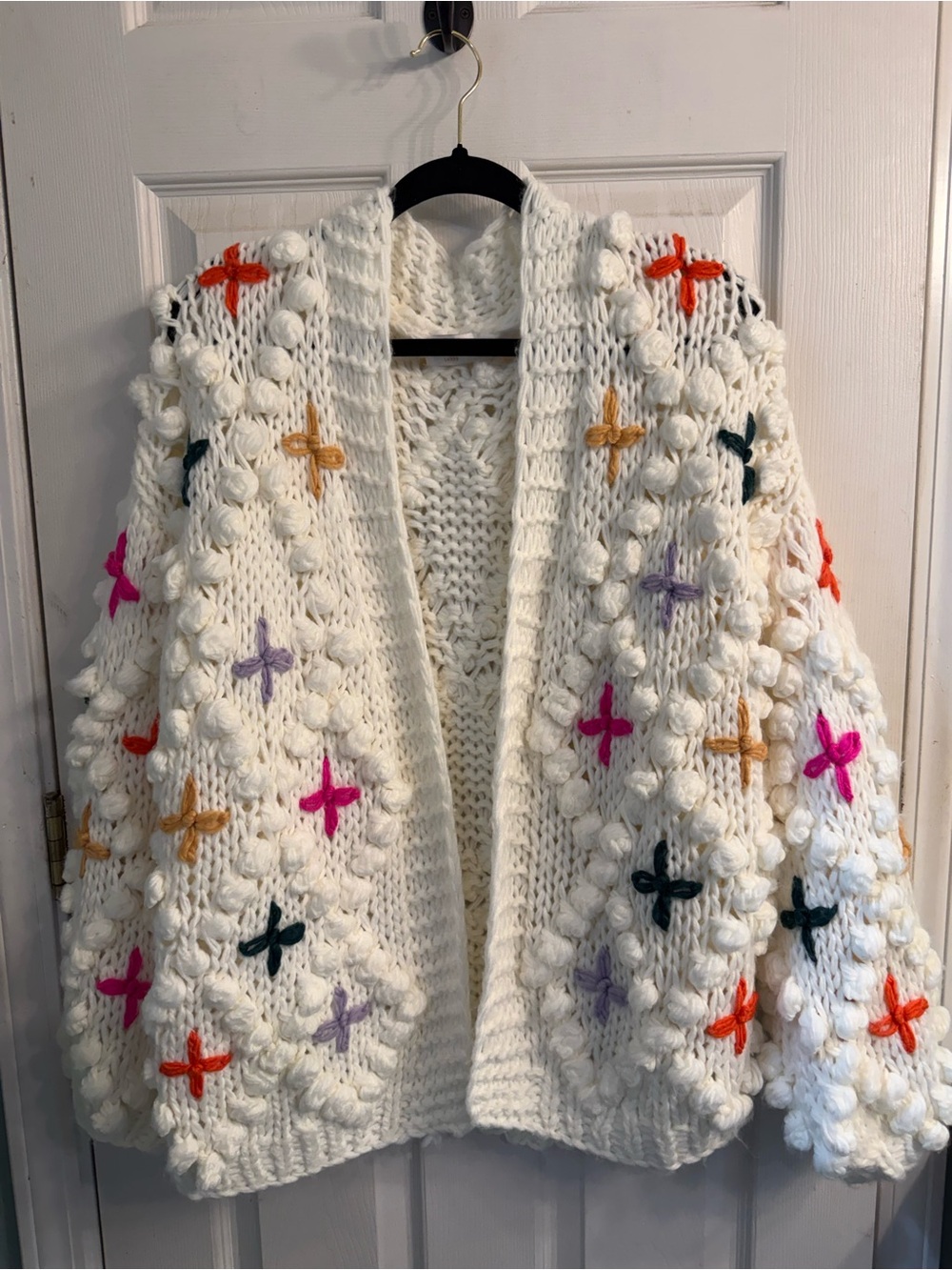 Fate White Chunky Knit Cardigan with Multicolor Cross Accents Anthro Dupe